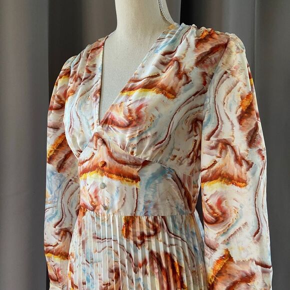 All Over Watercolor Print Pleated Midi Dress S - Picture 4 of 11